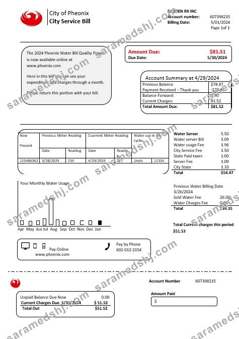 USA Arizona City of Phoenix business utility bill template in Word and PDF formats